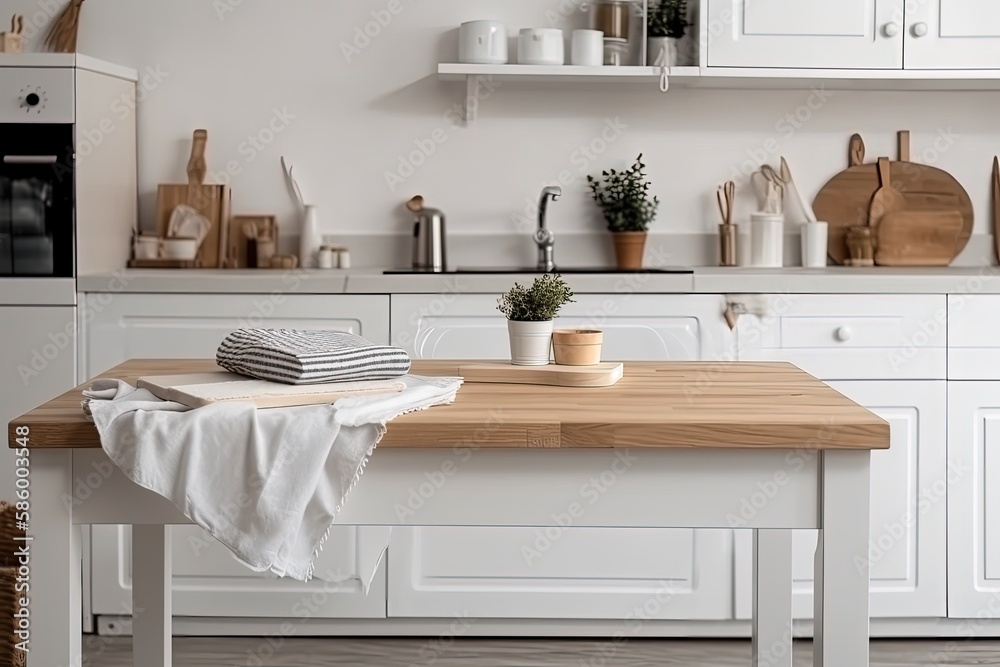 modern kitchen with sleek white cabinets and a rustic wooden table created with Generative AI techno