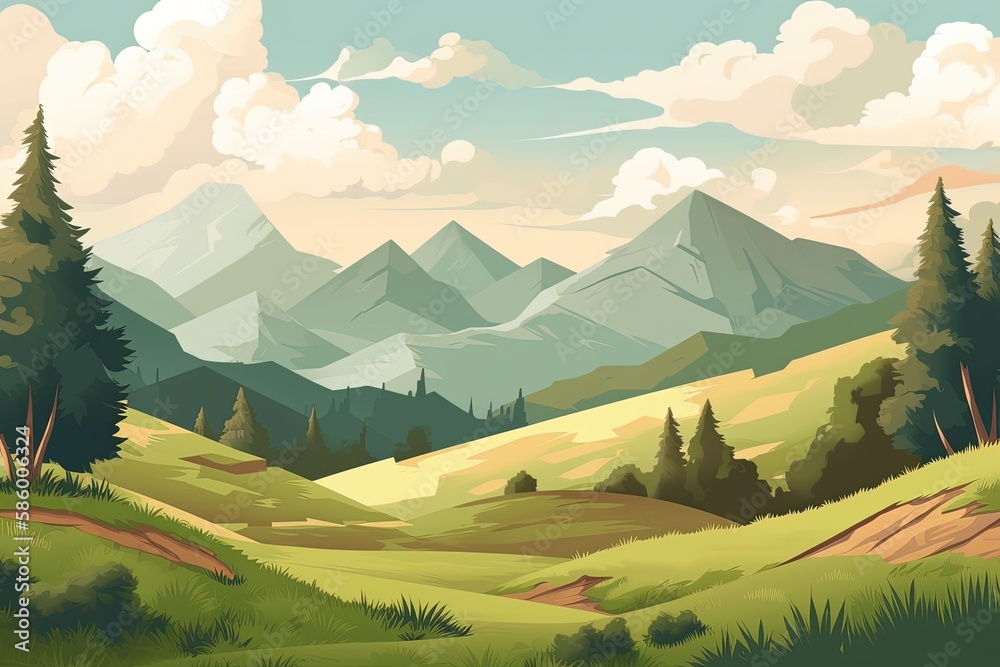 serene mountain landscape with tall trees in the foreground created with Generative AI technology
