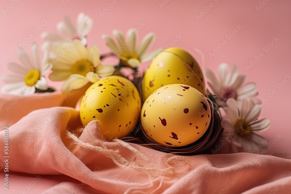 Illustration of eggs on a pink cloth background created with Generative AI technology