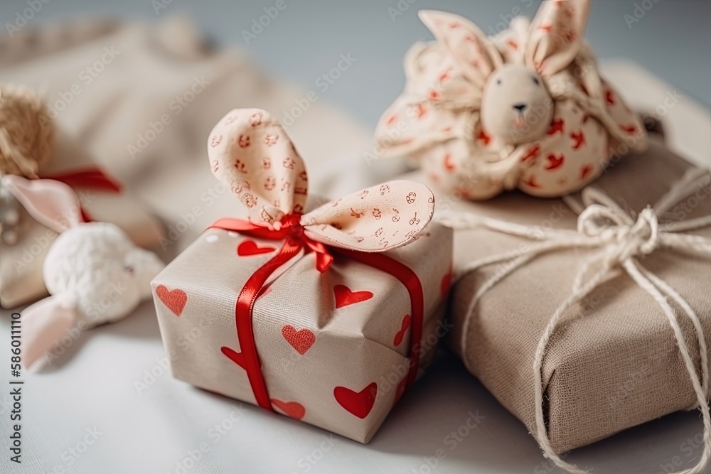 small gift box with a red ribbon tied around it on a white background created with Generative AI tec