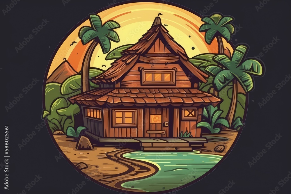 cozy beach hut with a tropical palm tree backdrop created with Generative AI technology