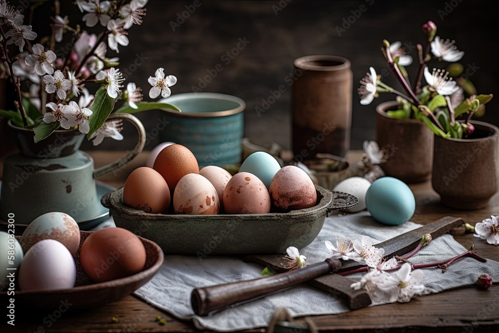 Illustration of eggs in a bowl on a wooden table created with Generative AI technology