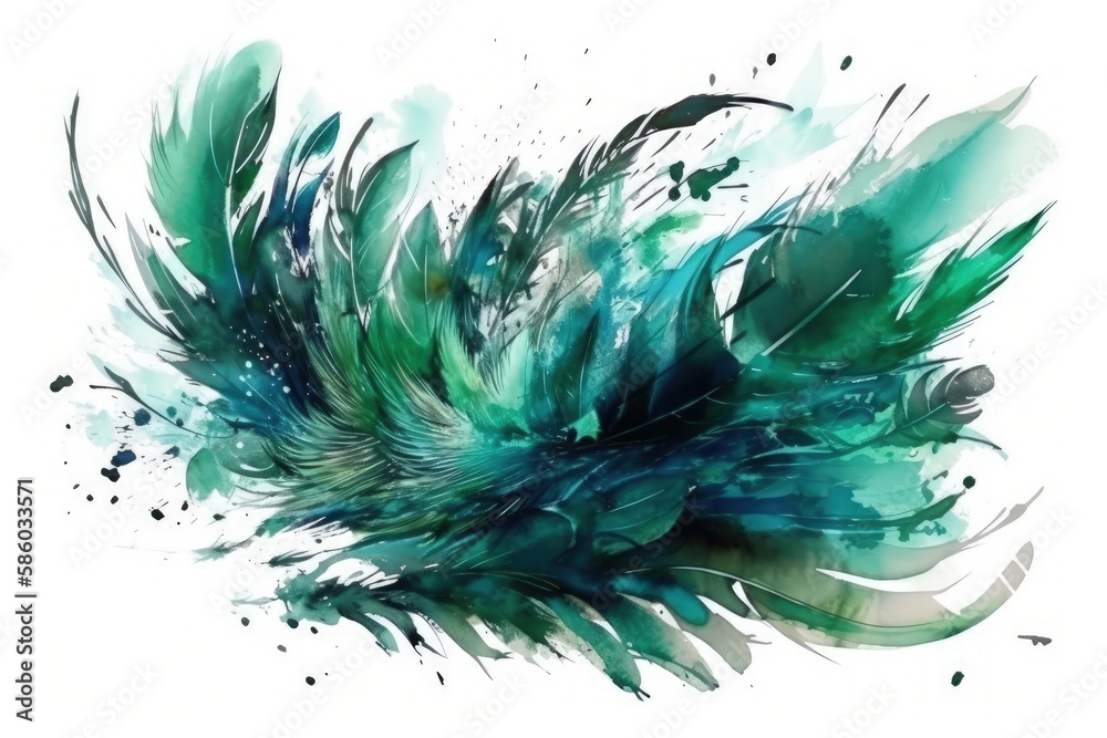 single blue and green feather on a white background created with Generative AI technology