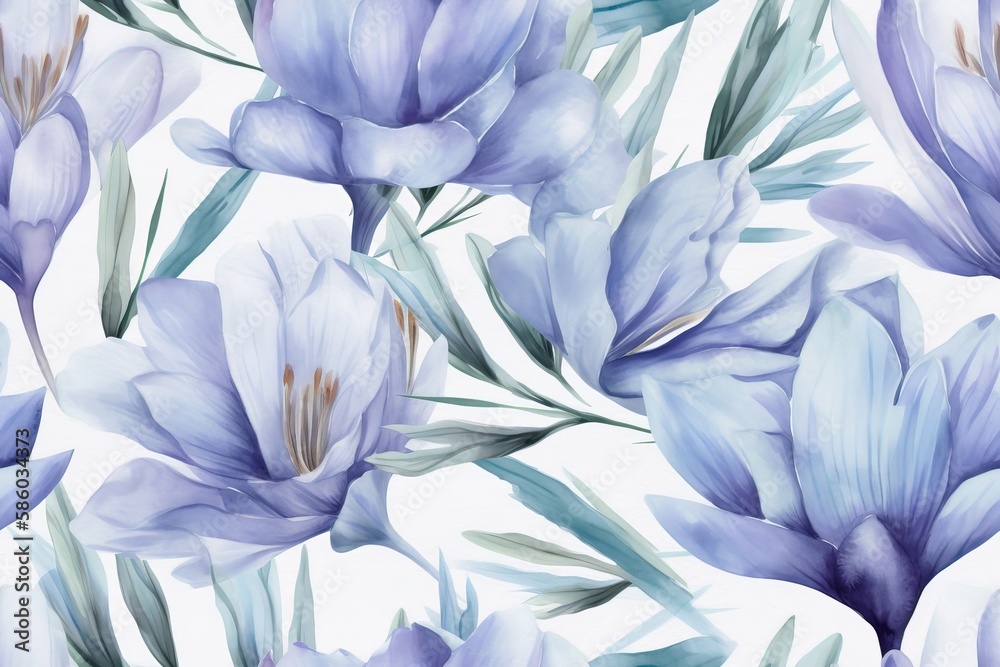Illustration of blue flowers in watercolor on white background created with Generative AI technology