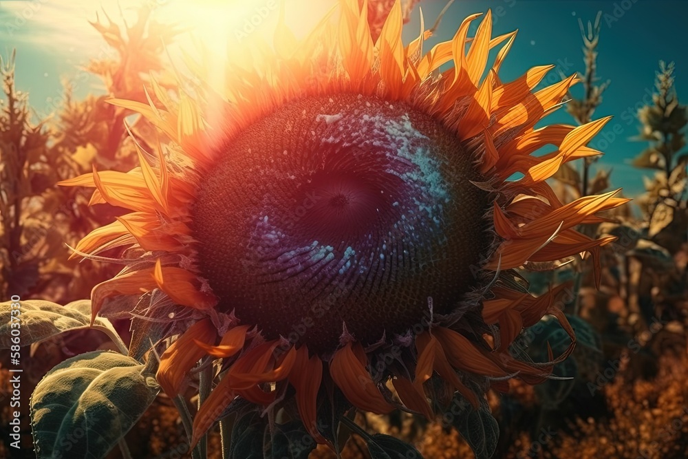 vibrant sunflower with rays of sunlight shining through its petals created with Generative AI techno