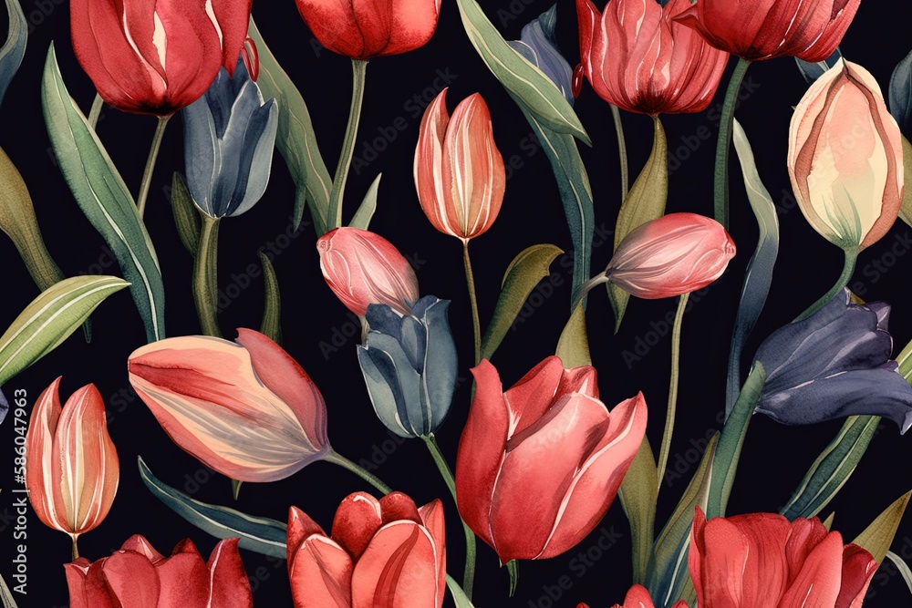 Illustration of vibrant red and pink tulips contrasted against a dark black background created with 