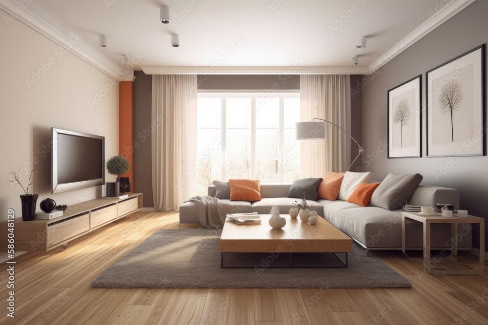 cozy living room with modern furniture and entertainment system created with Generative AI technolog