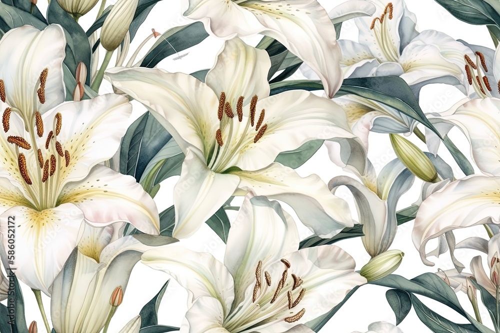 Illustration of white lilies painted with watercolors on a pure white background created with Genera
