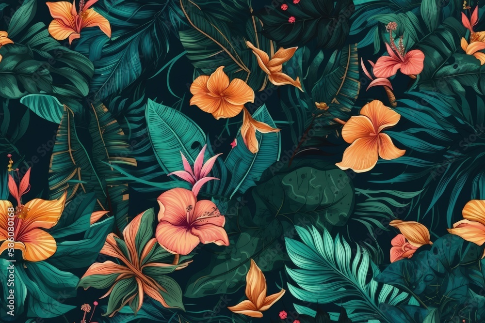 colorful bouquet of flowers and leaves on a dark background created with Generative AI technology