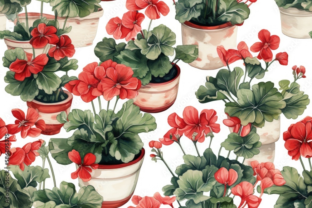 group of potted plants with vibrant red flowers created with Generative AI technology