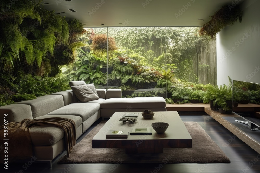 cozy living room with abundant greenery and stylish furniture created with Generative AI technology