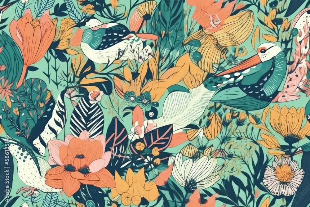 colorful garden with various birds and flowers created with Generative AI technology