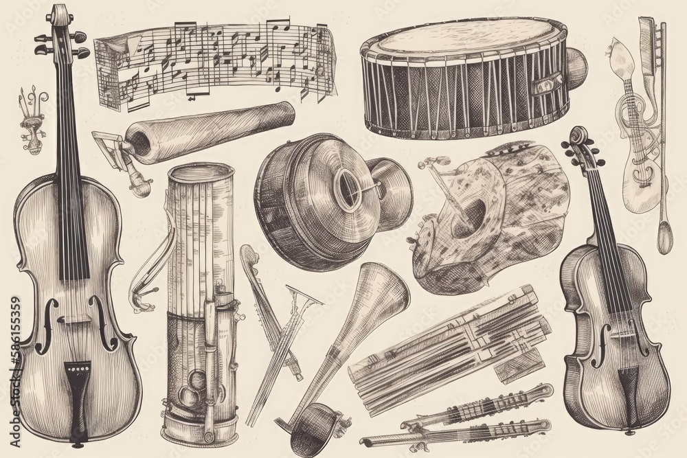 Illustration of various musical instruments and equipment created with Generative AI technology