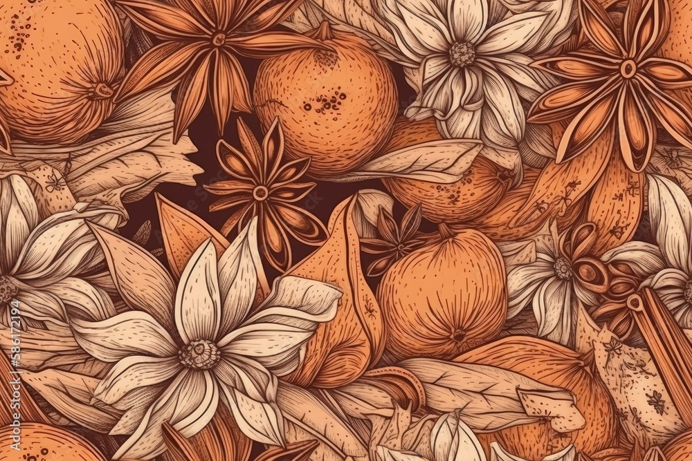 Illustration of oranges and flowers on a brown background created with Generative AI technology