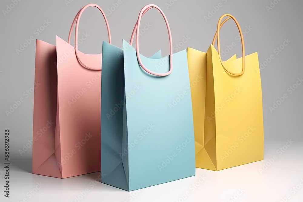 three paper bags in different colors placed on a plain white background. Generative AI