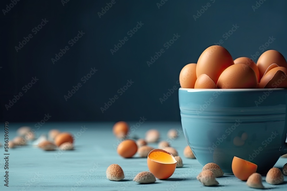 blue bowl filled with white and brown eggs on top of a rustic wooden table. Generative AI