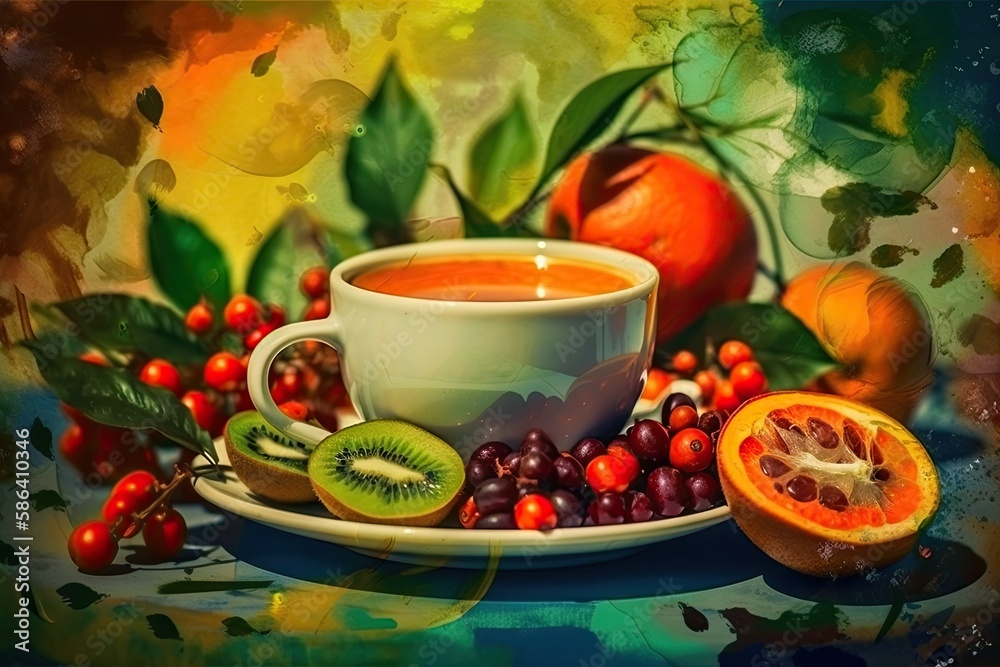 still life painting featuring a cup of tea and various fruits. Generative AI