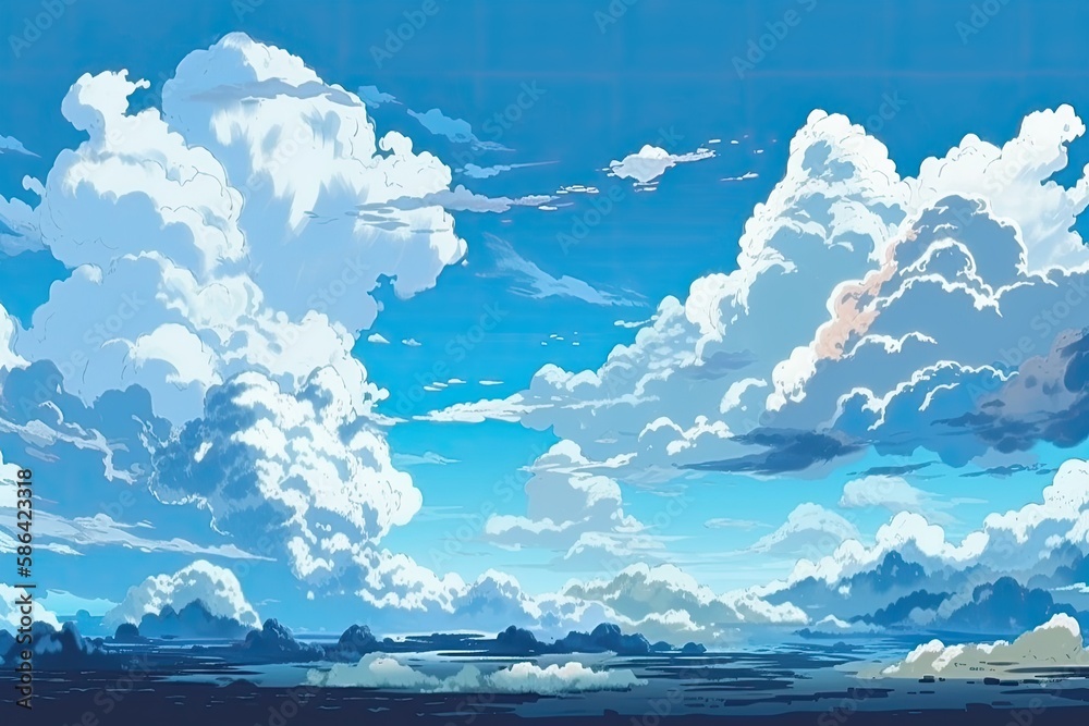 serene landscape with blue sky and water, and white clouds. Generative AI