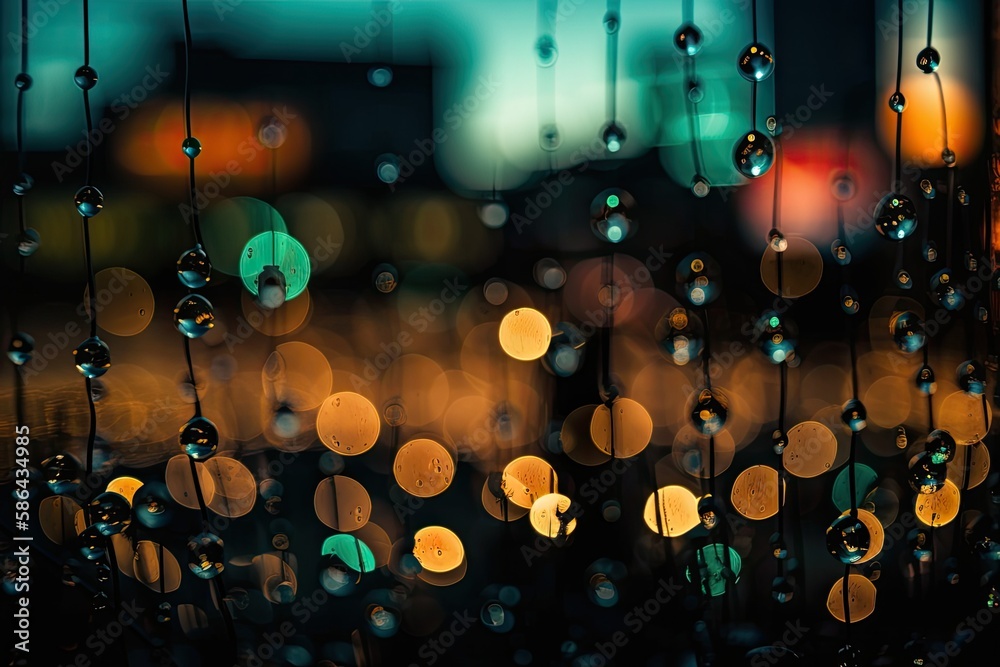 raindrops on a window overlooking a cityscape. Generative AI