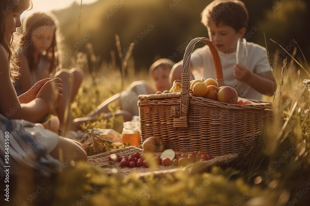 Sunny Picnic. Happy group of kids enjoying delicious food in a sunny meadow with a full basket of tr