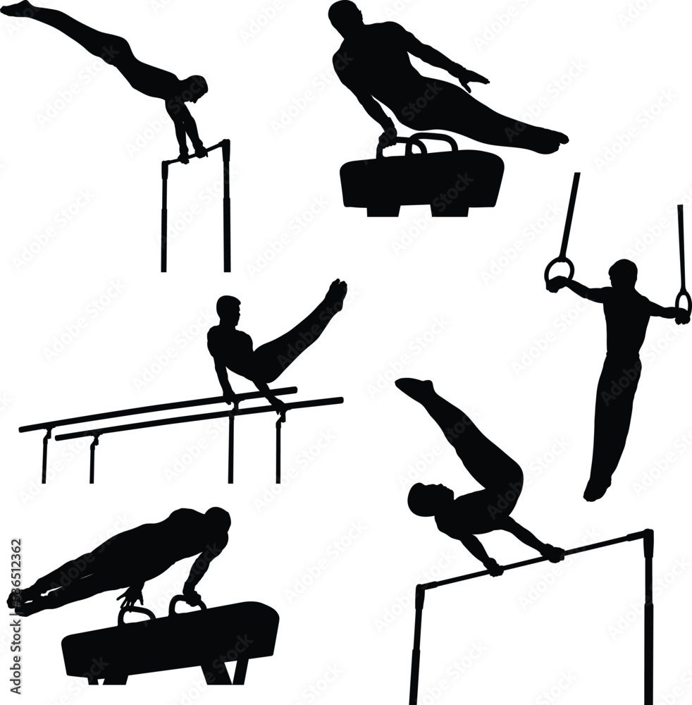 set athletes gymnastics black silhouette exercise pommel horse, still rings, parallel bars, horizont