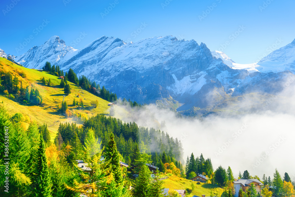 Village in Switzerland. A sunny day and a mountain valley. Houses on the mountains background. Meado