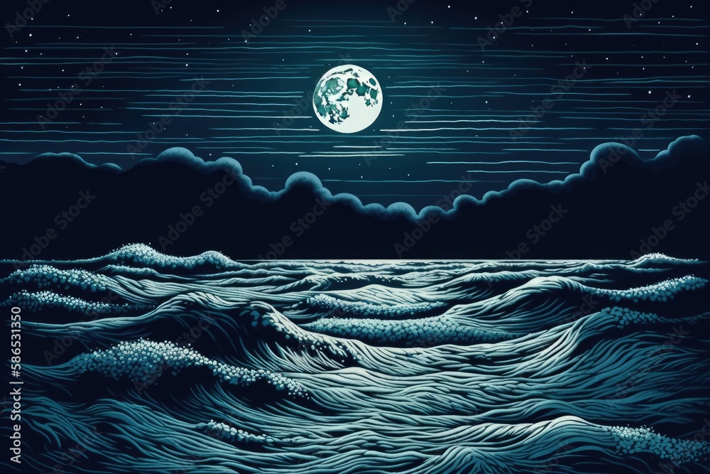 serene scene of a full moon illuminating the ocean. Generative AI