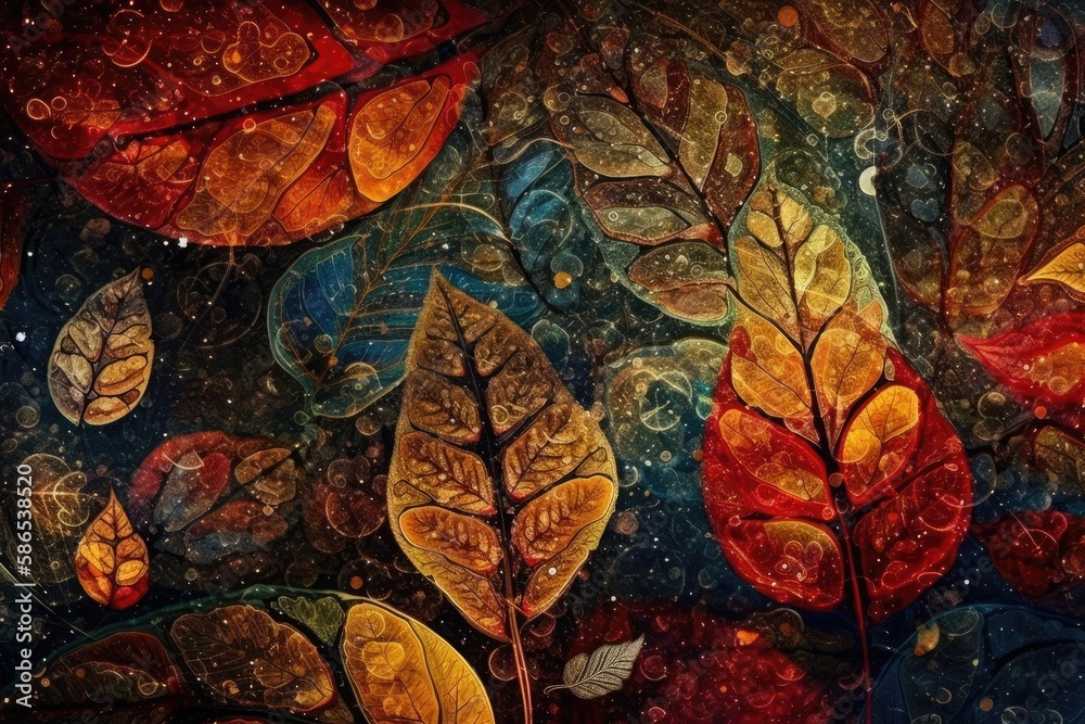 leaves set against a dark background in a painting. Generative AI