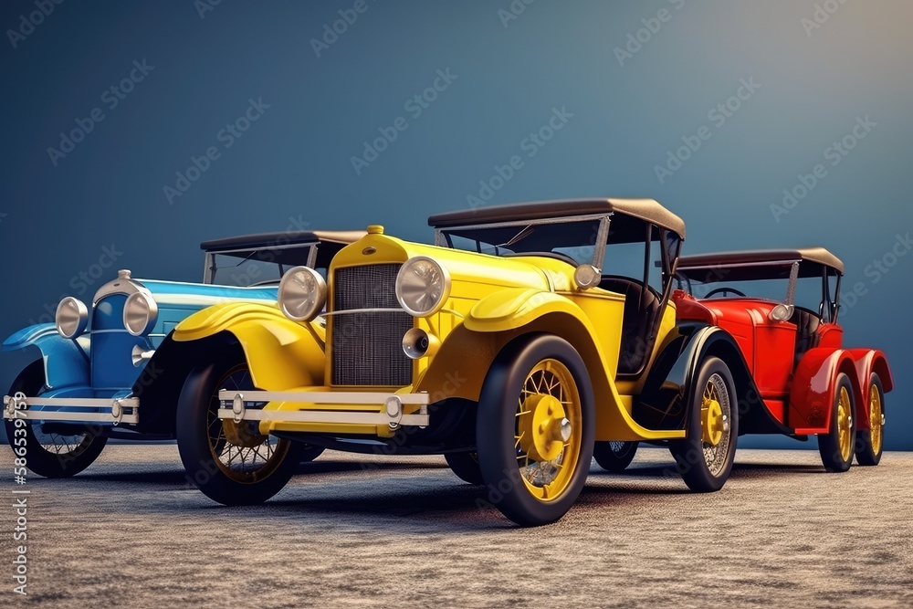 two vintage cars parked side by side in a retro setting. Generative AI