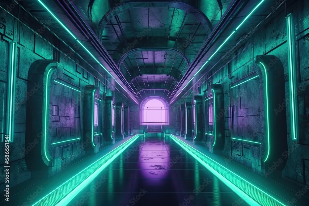 futuristic neon-lit tunnel with a long hallway. Generative AI