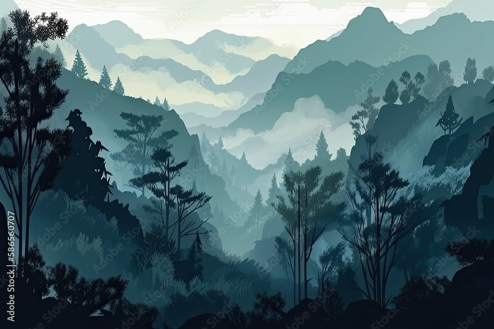 scenic view of a mountain landscape with trees in the foreground. Generative AI