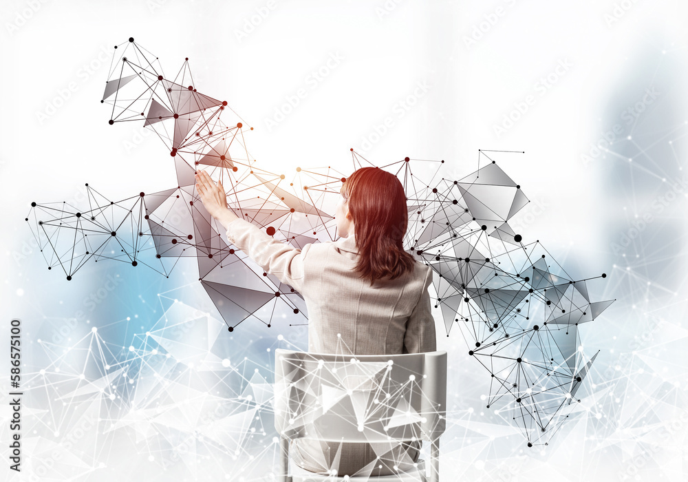 Businesswoman finger pointing on abstract network