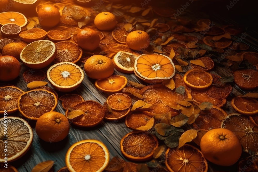 pile of fresh oranges arranged neatly on a rustic wooden table. Generative AI