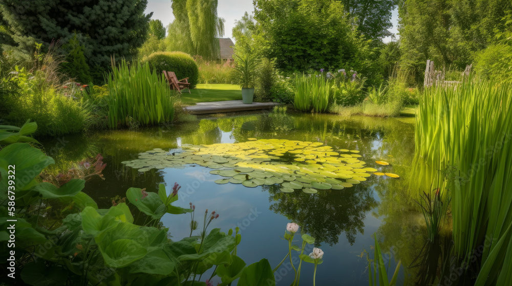 Pond in the summer garden. Illustration AI Generative.