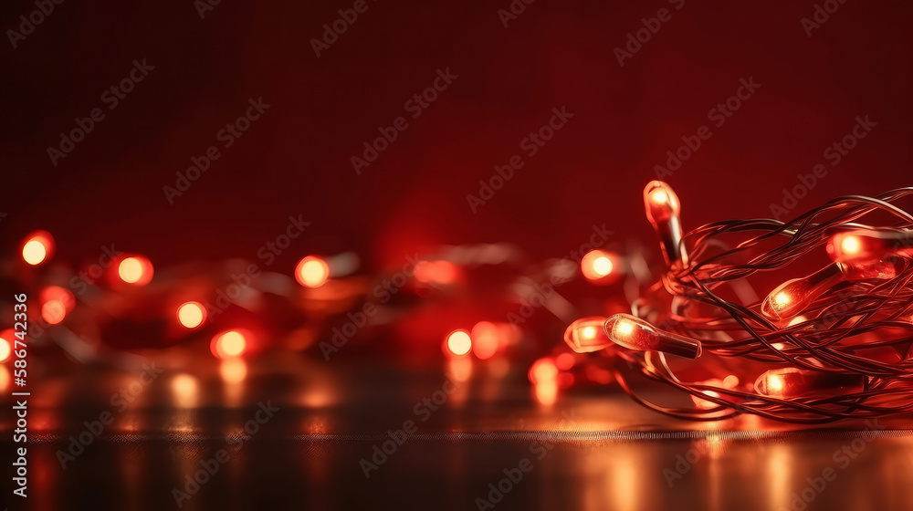 Red Background with christmas lights Illustration AI Generative.