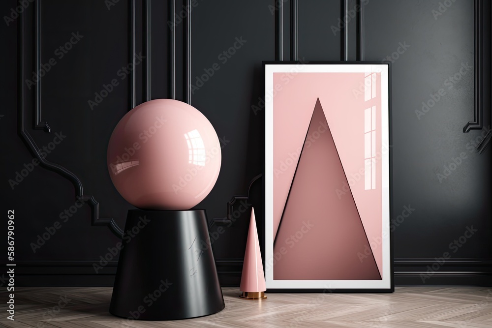 On display in an art gallery, a black cone and a ball; actual image with mockup. Generative AI