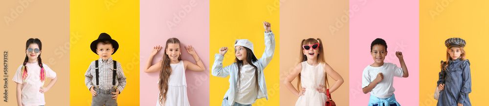 Collage of trendy little children on color background