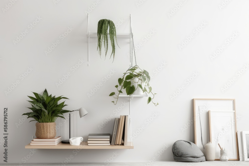 Interior wall mockup with books on the shelf and a green plant in a hanging pot on a blank white bac