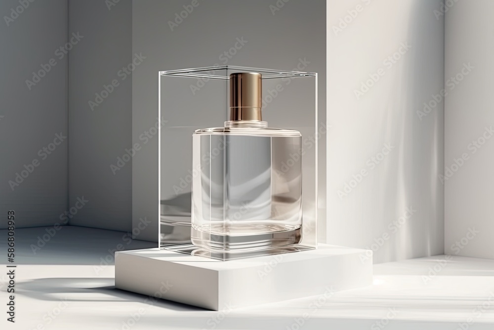 perfume bottle on a white stand. Generative AI