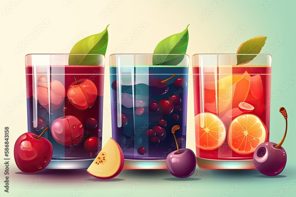 three glasses filled with colorful fruit smoothies. Generative AI
