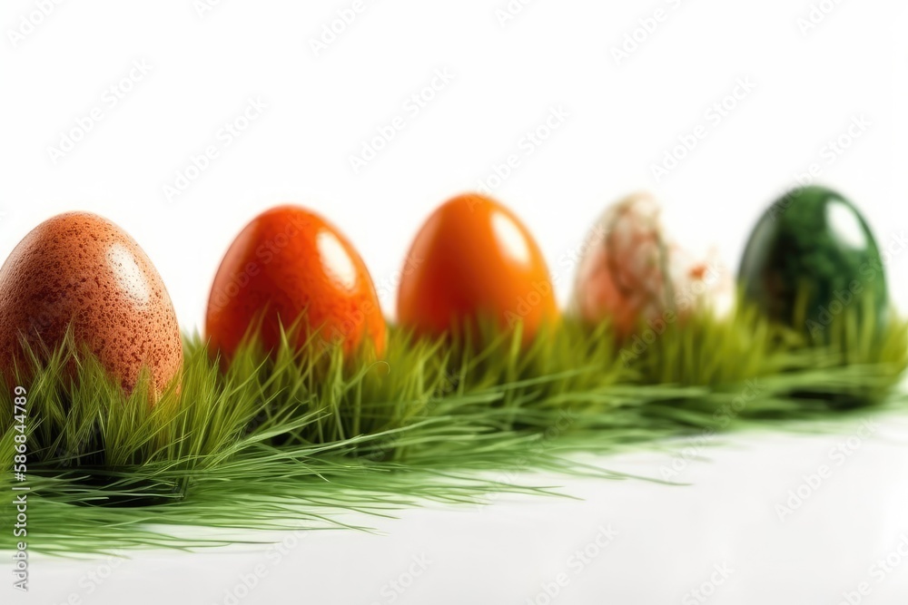 row of fresh eggs placed on a bed of green grass. Generative AI