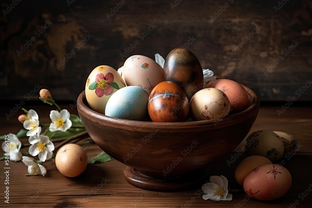 Wooden Bowl Filled with Colorful Easter Eggs. Generative AI