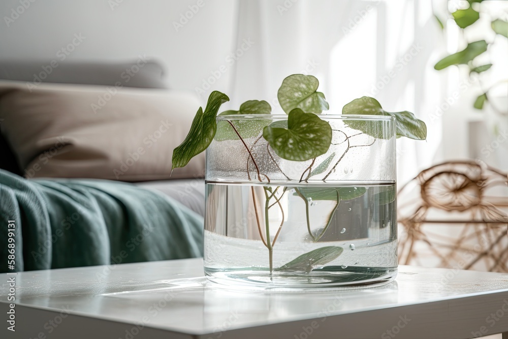 White tabletop or shelf with glass vase with hydroponic plant, decoration, root of plant in water, b