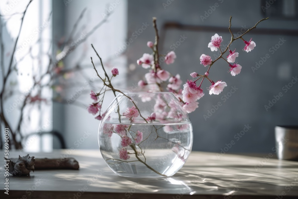 Its springtime. Sakura branch in blossom in a vase on the table, with room for text. Generative AI