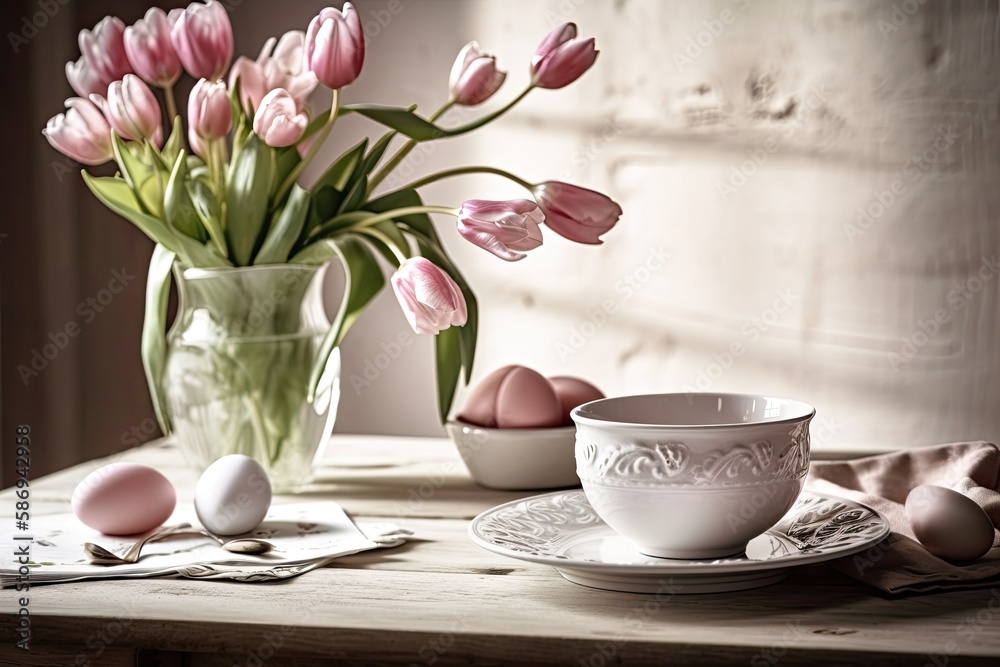 Easter, a still life scene in spring. On an old wooden bench, there is a cup of coffee and a floral 