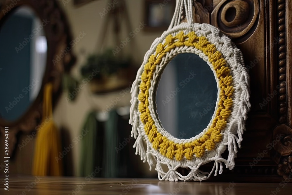 Yellow, white, green, and natural macrame mirror and leaves wall hanging on wooden stick. Decorate w