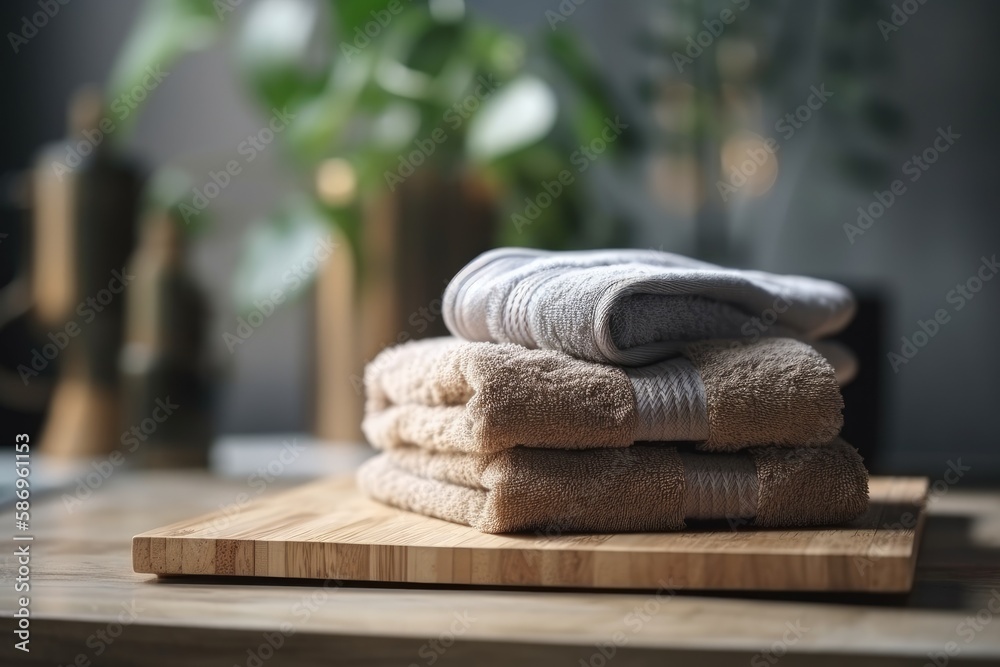 pile of neatly folded towels on a rustic cutting board. Generative AI