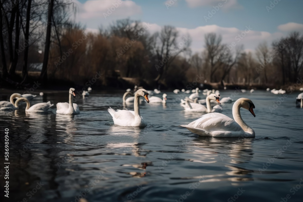In spring water, white swans congregate. Swans in a lake. Snowy swans. White swans floating serenely