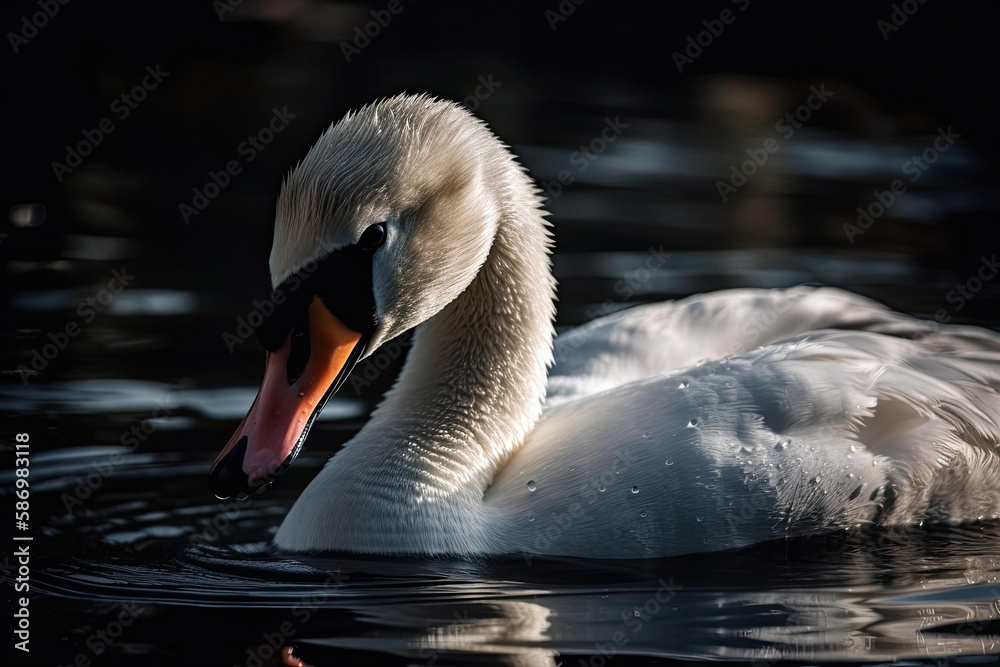 A finely detailed portrait of a lovely swan. A lake with a smooth background. Face in close up. Gene