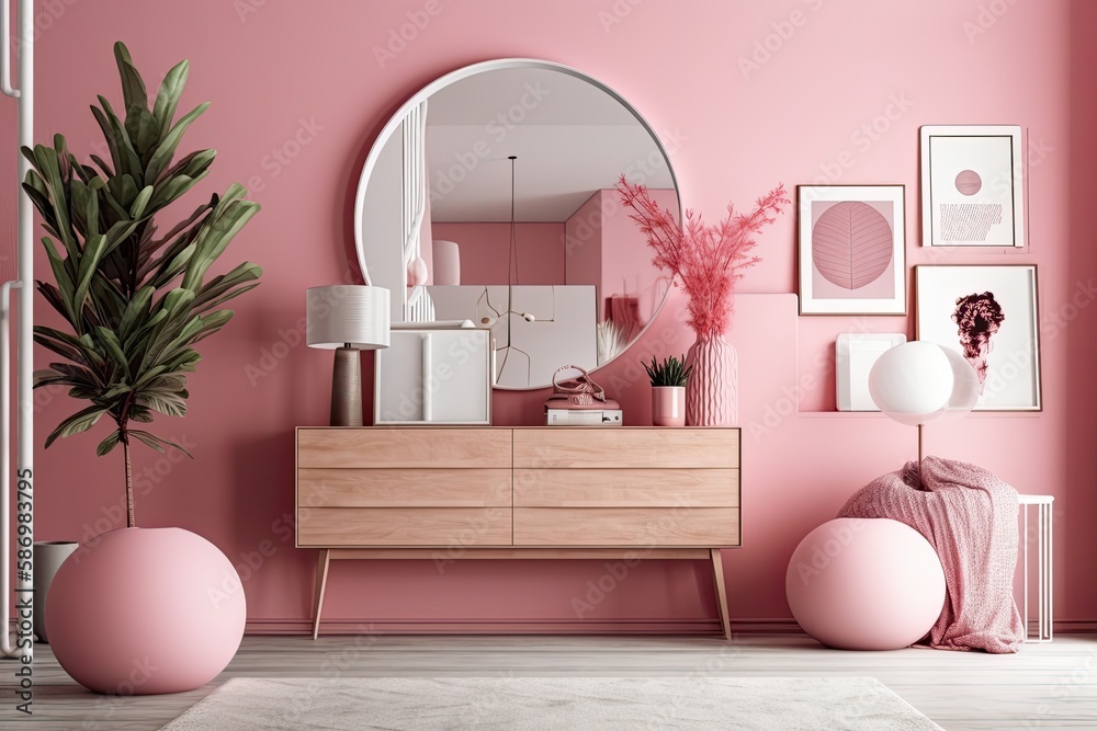 Interior scene in pink with decorations, a photo frame, and an entryway cabinet. Scene in a flat, mo